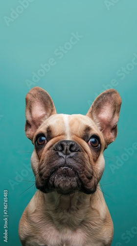 Happy pet dog holding and solid color background. AI generated illustration