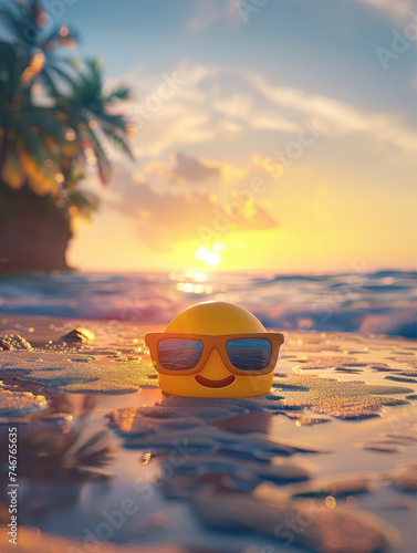 Emoji ball smiling on tropical sunset - A joyous emoji ball with sunglasses floating on sea waves during a beautiful sunset, symbolizing laid-back beach life