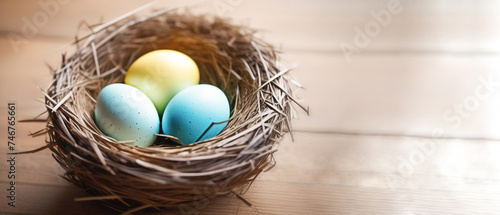 Stylish Easter eggs in the nest are arranged exactly on a wooden background, there is a place to copy. There is a lot of space for text on the right.