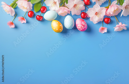 stylish Easter eggs, bright flowers and cherry blossoms are arranged exactly on a blue background, leaving room for copying. There is a lot of space for text on the right. A greeting card template. 