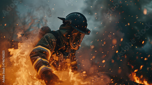 Firefighter engulfed in flames during rescue - A brave firefighter wearing full gear is surrounded by intense flames and sparks while performing a heroic rescue mission photo