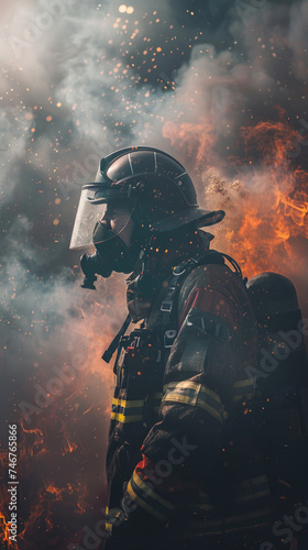 Firefighter in intense fire and smoky environment - Capturing the essence of a firefighter's challenge, surrounded by fiery elements and thick smoke in the midst of duty