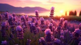 The lavender flower blooms in fragrant fields in endless rows. A lavender field in the soft sunset sunlight.