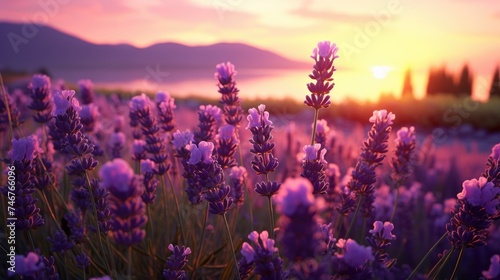 The lavender flower blooms in fragrant fields in endless rows. A lavender field in the soft sunset sunlight. photo