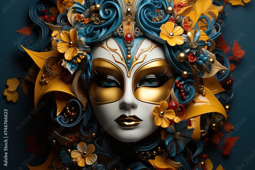 a colorful blue venetian mask on a yellow background