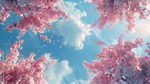 Frame of branches of blossoming cherry against background of blue sky and fluttering butterflies in spring on nature outdoors. AI generated illustration