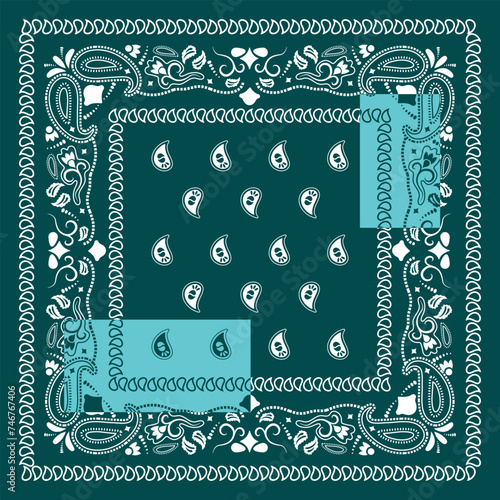 Green bandana kerchief. Paisley fabric patchwork. Abstract floral seamless patter.