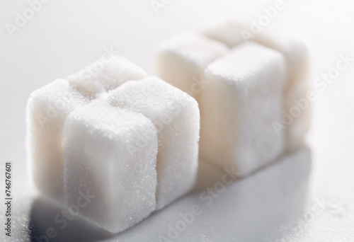 Close-up of two white sugar cubes isolated on white background photo