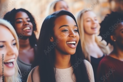 Group of happy smiling diverse teenager multiethnic people female choristers women choir members students singing together singers performing tradition festival song melody holidays standing indoors photo