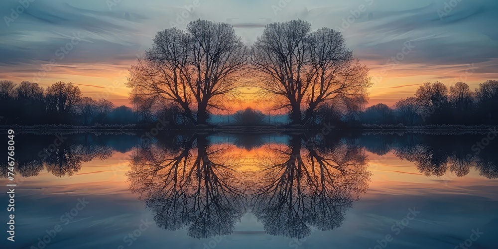 Reflections of Nature - Mirrored Scenery Background - Reflective Essence - Twilight Lighting - Symmetrical 