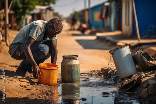African man drawing water into a bucket from a puddle. Access to clean water