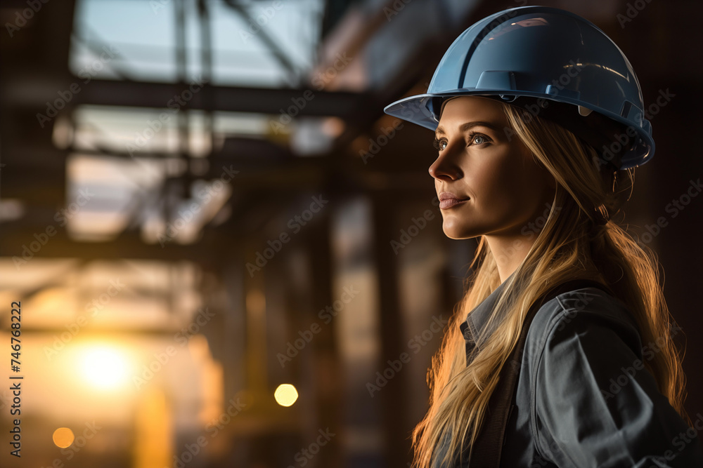 Portrait of a young female engineer in a construction site at sunset Portrait of a young female engineer in a construction site at sunset