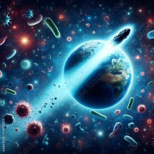 Cosmic comet flying through outer space with Planet Earth in the background, bacteria germs and viruses and other micro-organisms floating around the comet, panspermia concept © palangsi