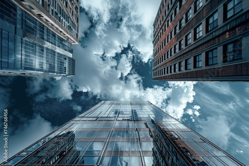 Vista de tres rascacielos desde la calle hacia la parte superior, proyectando sobre sus fachadas reflejos, sobre fondo de cielo azul con nubes blancas photo