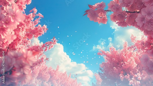 Spring banner  branches of blossoming cherry against background of blue sky and butterflies on nature outdoors. Pink sakura flowers  dreamy romantic image spring. AI generated illustration