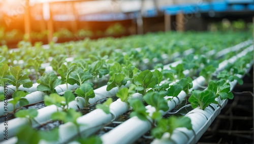 Vegetable green oak growing in hydroponic system flow water and fertilizer automation on planting plot photo