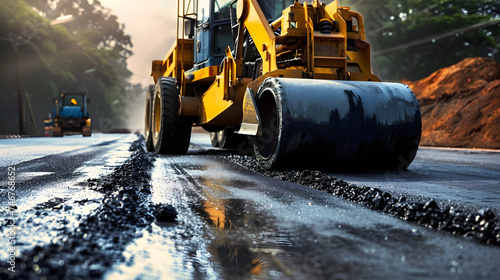 Road construction utilizing a roller compactor and asphalt finisher photo