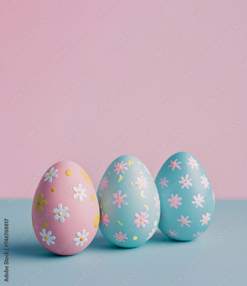 Colored pink and blue Easter eggs, Happy Easter day concept and idea, copy space