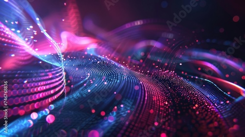 Futuristic HUD displaying a 3D object with a high-tech holographic interface of glowing fractal particles, representing nanotechnology radar software photo