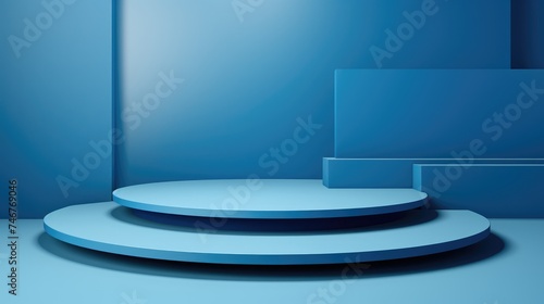 Geometric stand for products, platforms of different shapes. A podium for displaying products on a blue background.