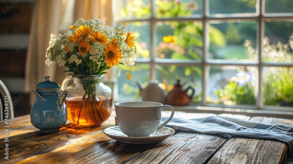 A cozy kitchen table set with flowers and tea - obrazy, fototapety, plakaty 