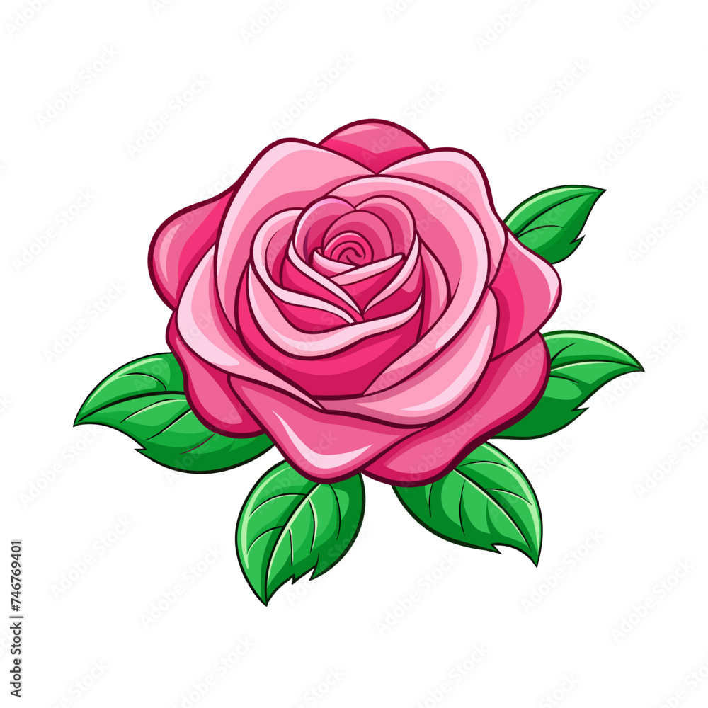 pink cartoon rose flower with green leaves on white pink cartoon rose flower with green leaves on white