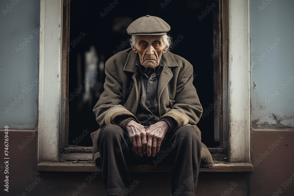 Portrait of old man sitting on the windowsill in the street