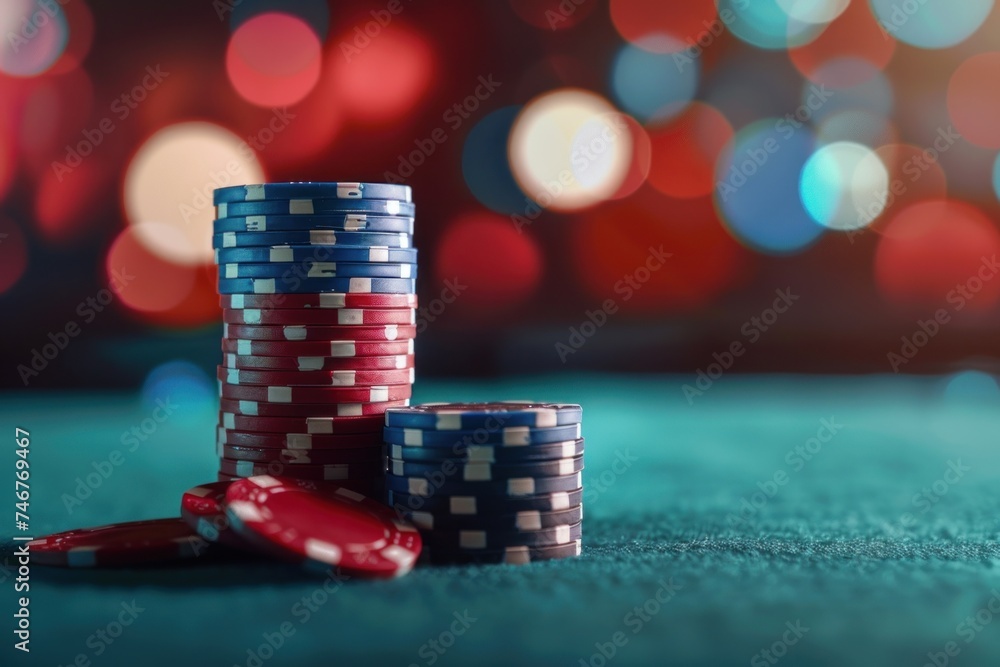Stack of poker chips on green and black gaming table. Casino concept for risk chance, good luck or gambling. Close up.