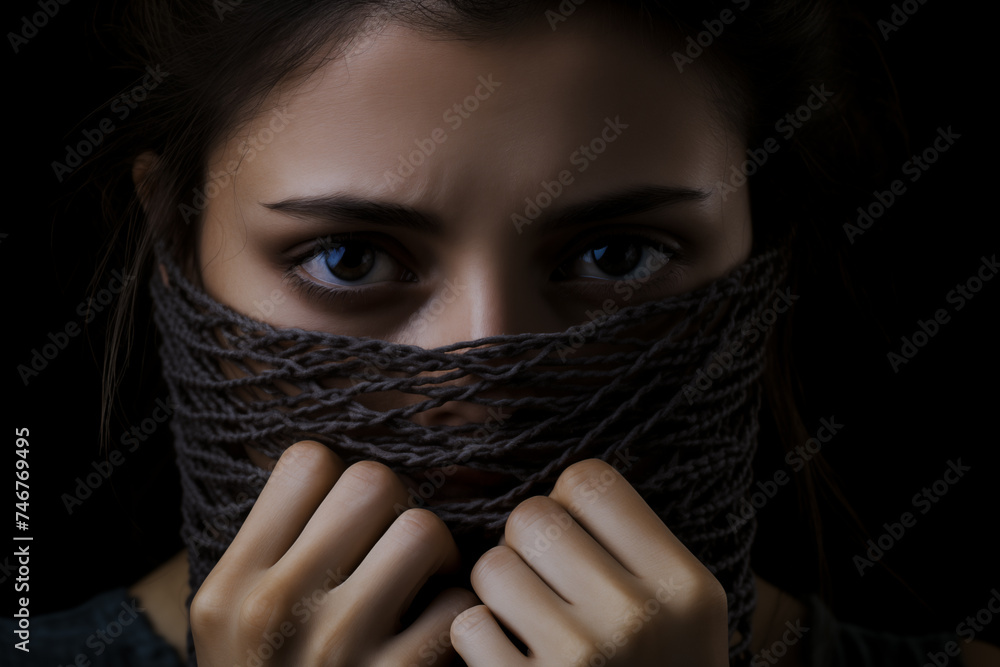 Close up portrait of Arabic girl in a black scarf on a black background Close up portrait of Arabic girl in a black scarf on a black background