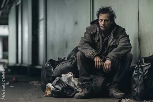 Homeless man sitting on the floor in the street. Homeless concept