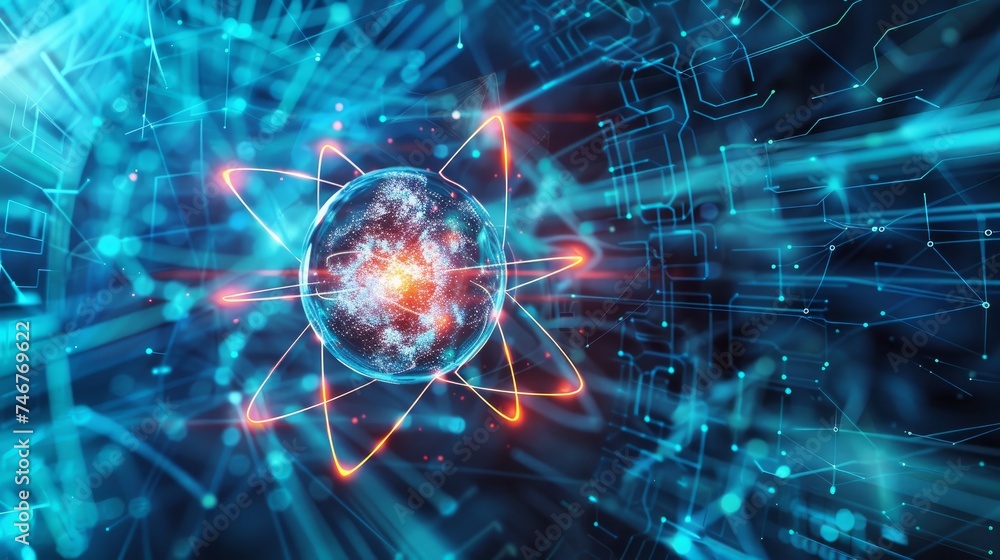 Futuristic concept illustrating nanotechnology in science, focusing on atomic structure. It features the nucleus of an atom surrounded by electrons, set against a technological background - obrazy, fototapety, plakaty 