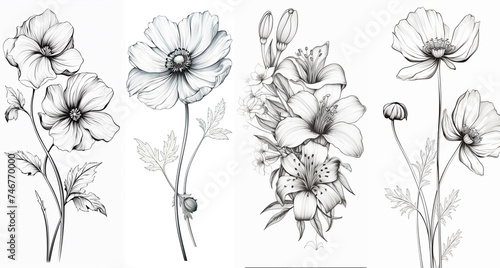 Black and white flowers, sketch, clipart, lineart, ink. Generative ai © Mohammad