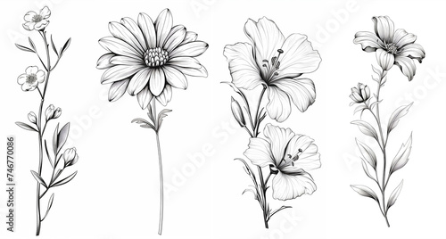 Black and white flowers  sketch  clipart  lineart  ink. Generative ai