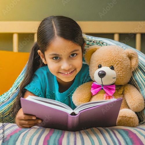 Dziewczynka z misiem czytająca książkę