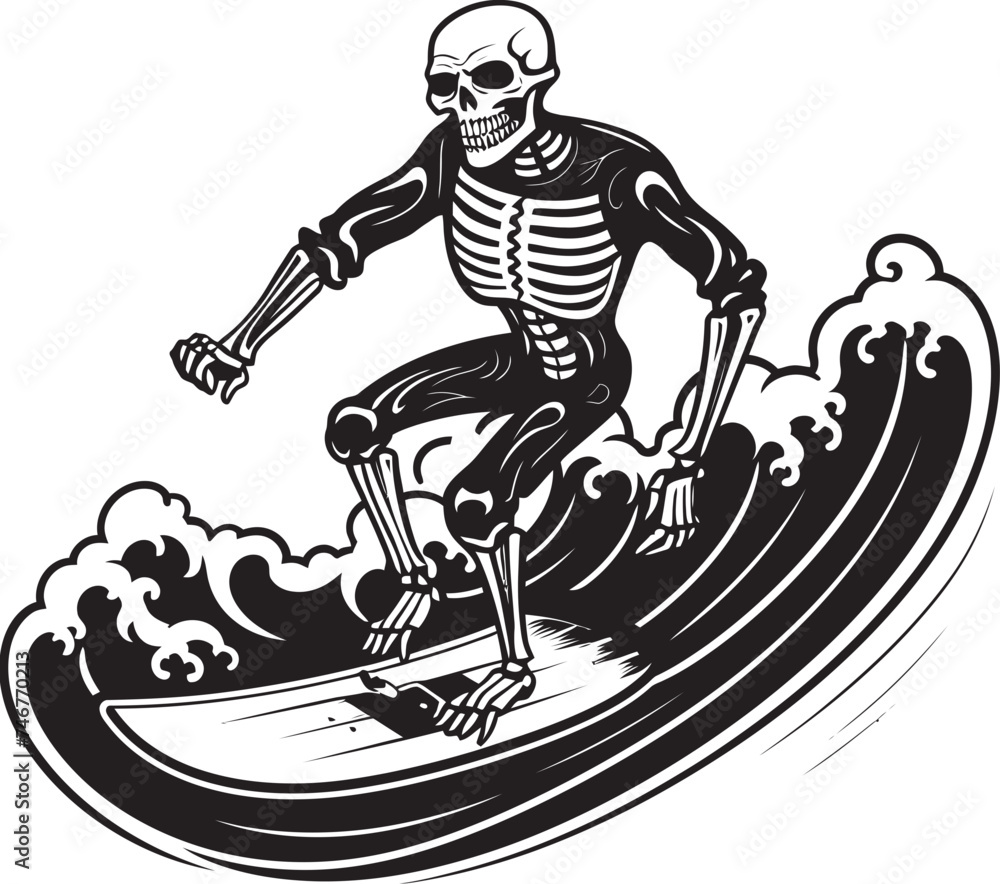 Skull Splash Cartoon Skeleton Surfing Icon Surfing Reaper Skeleton Logo Vector Design