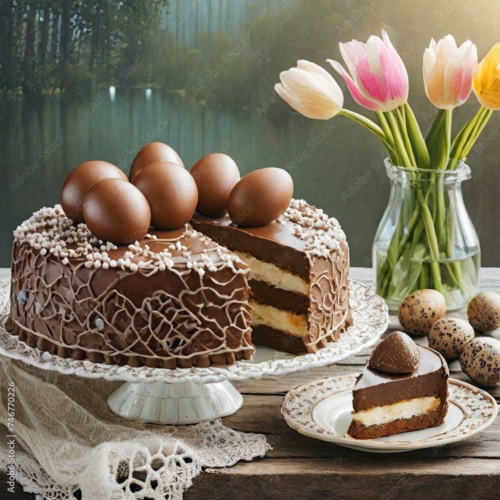 Sernik z polewą czekoladową w wielkanocnej aranżacji z czekoladowymi jajkami - obrazy, fototapety, plakaty 