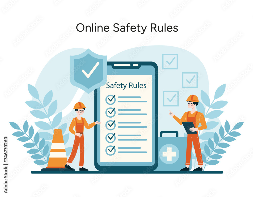 Illustration of workers reviewing digital safety protocols, integrating technology with OSHA compliance Illustration of workers reviewing digital safety protocols, integrating technology with OSHA compliance