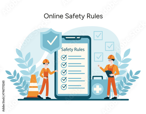 Illustration of workers reviewing digital safety protocols, integrating technology with OSHA compliance