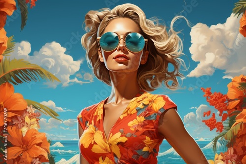 Scenic drawing of beautiful young woman in sunglasses in bright colors, ideal for design projects. travel concept,
