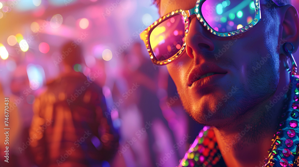 Portrait of handsome young man in trendy sunglasses dancing at a party in style 80, neon background