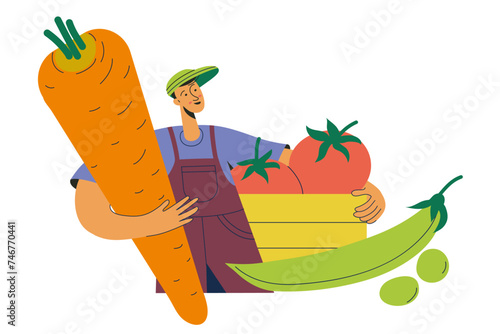 Smiling male farmer in uniform holding gigantic vegetables. Man selling fresh vegetables. Local farming concept