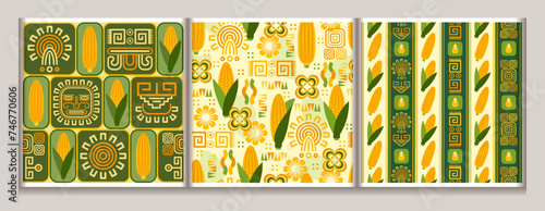 Seamless geometric patterns with icons of corn cob, corn grains, ethnic mesoamerican ornament, shapes. For branding, decoration of food package, decorative print for kitchen. photo