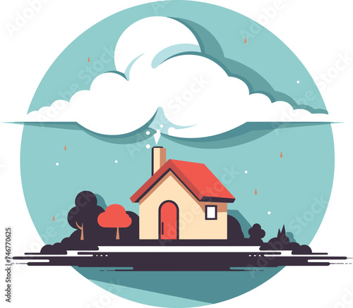 Small house island trees under large wave. Natural disaster, flood concept, urgently evacuate. Home safety crisis vector illustration