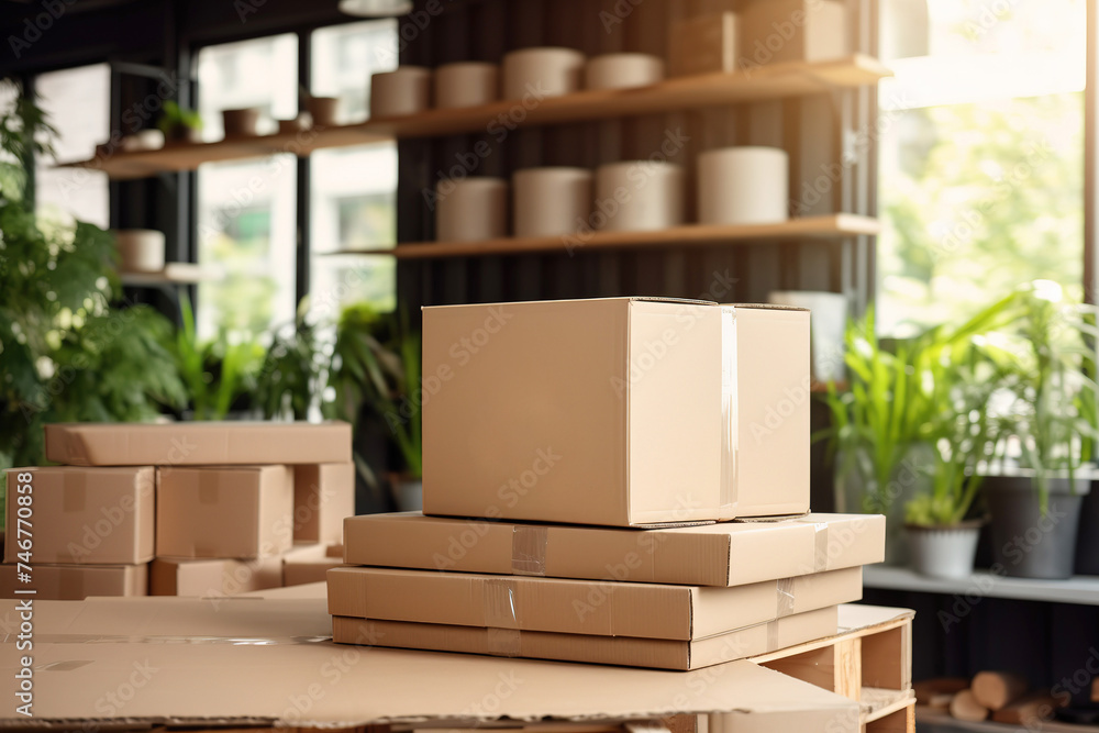 Various boxes ready for delivery in local go green plastic free warehouse concept Various boxes ready for delivery in local go green plastic free warehouse concept