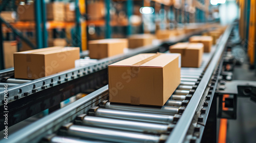 Online shopping order fulfillment warehouse, cardboard box on conveyor belt.