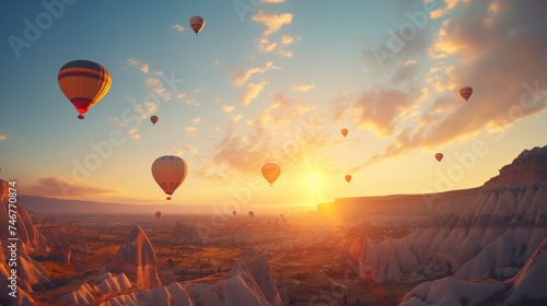 Hot air balloons flying over mountain at sunrise