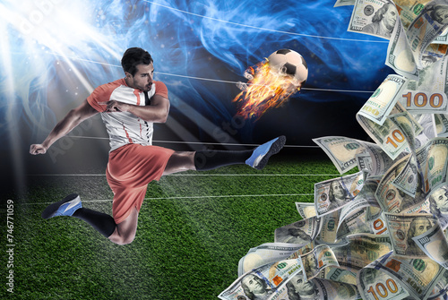 Win on sports betting, online bookmaker service. Football player with burning soccer ball on stadium. Many dollars on foreground photo