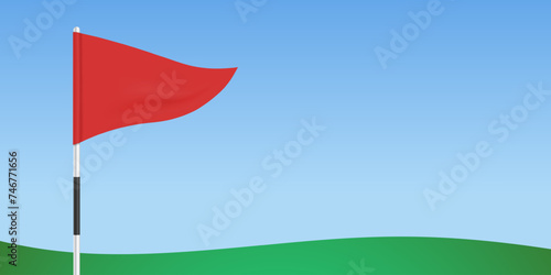 A triangle red flag waving on a flagpole, on a lush green course against a blue sky background, vector illustration.