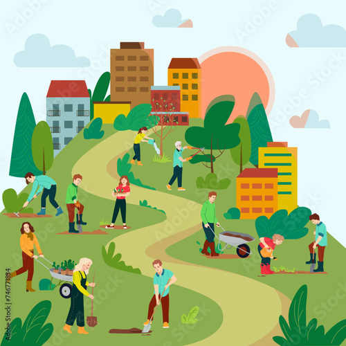 Adults and kids planting trees and bushes in the park vector illustration. Group people work together to improve the environment. Different people carrying trees, digging, watering. Flat vector