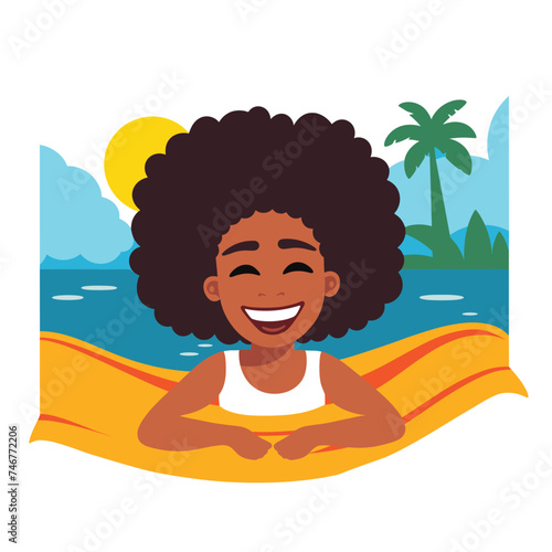 AfricanAmerican girl swimsuit, smiling, beach sun palms. Summer joy vacation concept vector illustration
